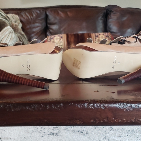 Platform tan booties with 6 buckle straps & a fun pop of orange under toes! - Picture 7 of 7